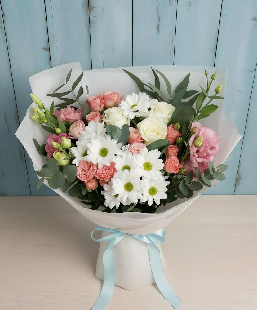 Букет цветов из: Розы, Лизиантусы и Хризантемы в Ченцово
