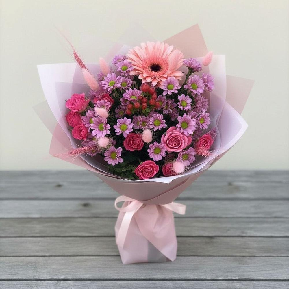 Букет цветов из: Розы, Герберы и Хризантемы в Ченцово