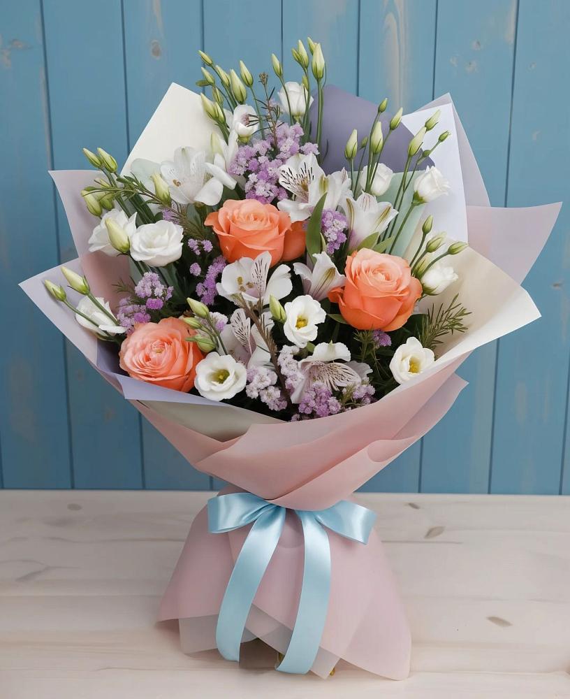Букет цветов из: Лизиантусы, Розы, Альстромерии и Гипсофила в Ченцово