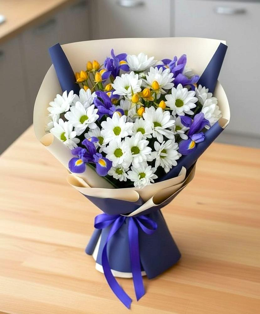 Букет цветов из: Розы, Ирисы и Хризантемы в Ченцово