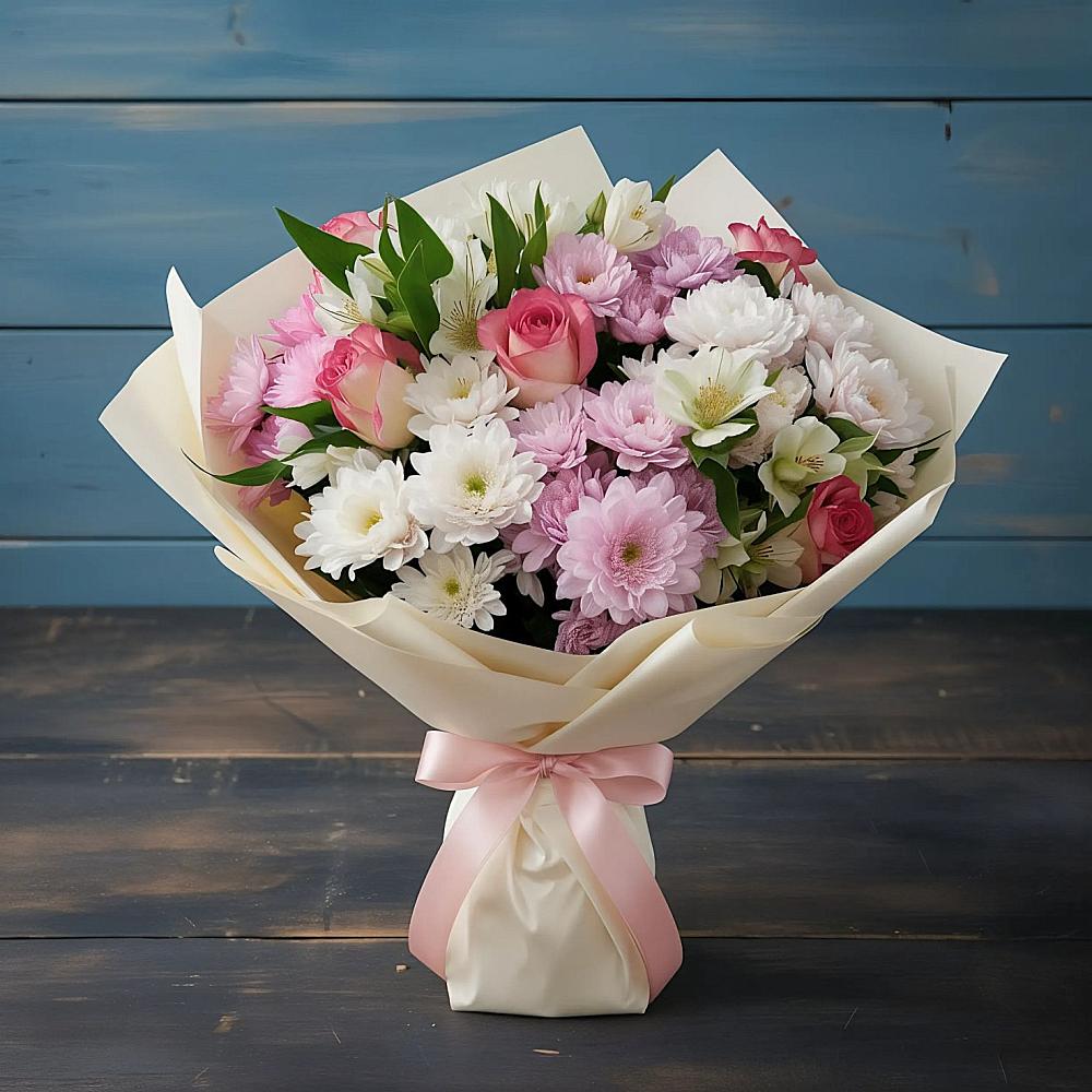 Букет цветов из: Хризантемы, Альстромерии и Розы в Ченцово